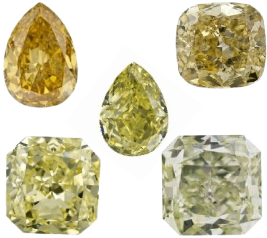 Loose yellow diamonds in varying shades, from orangey yellow, to greenish yellow.