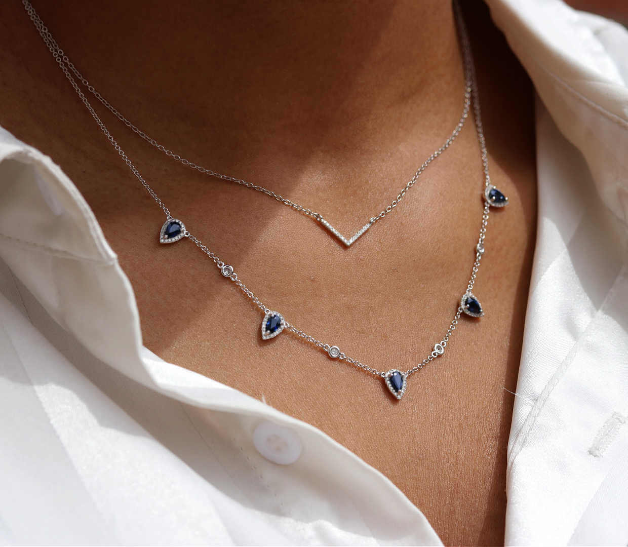 Pear and Sapphire Diamond Halo Necklace