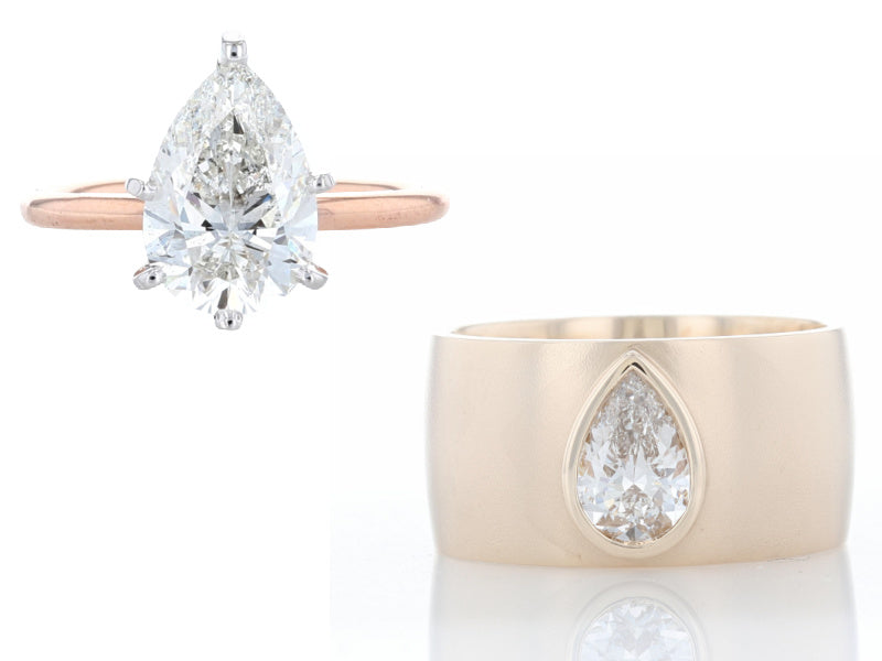 Two solitaire rings: one with a thin, 1.7mm shank, and one with a 10 mm shank