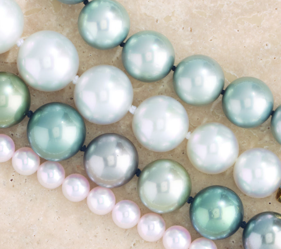 Tahitian and akoya pearls strung with knots between each pearl; freshwater pearls strung with no knots.