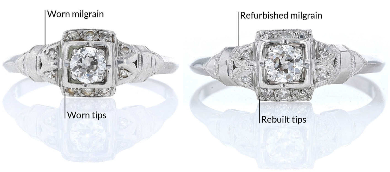 Platinum antique ring before and after repairs