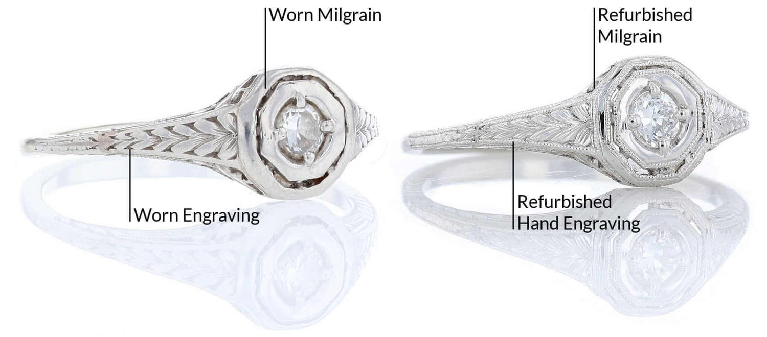 Platinum antique engagement ring before and after repairs to engraving and milgrain