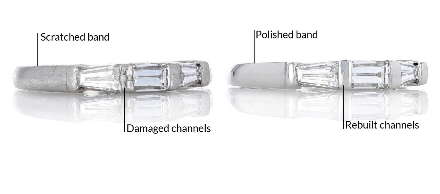 Platinum ring before and after repairs to its channel setting