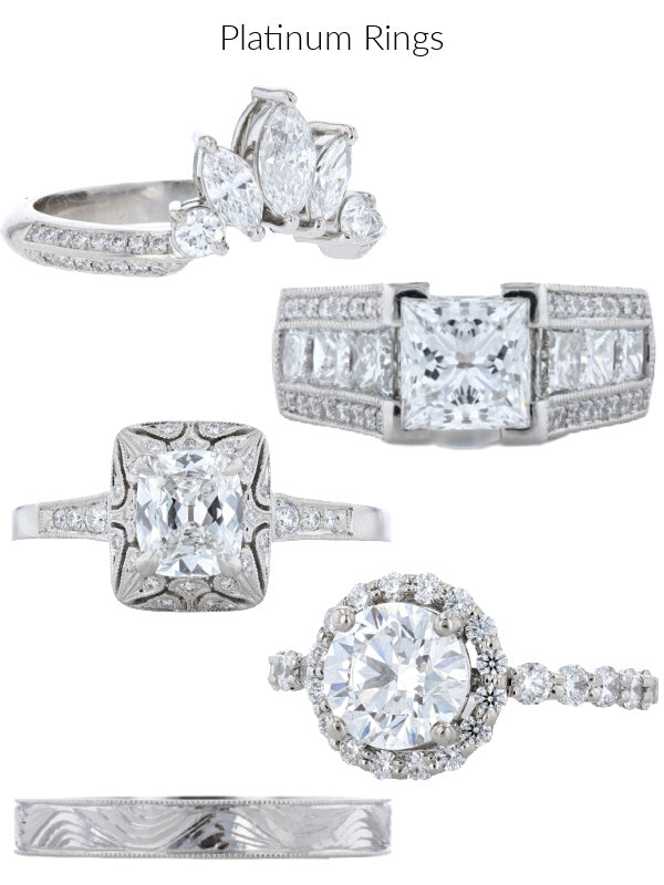 Examples of platinum rings - many diamonds, milgrain, small details and antique inspired, and engraving are shown
