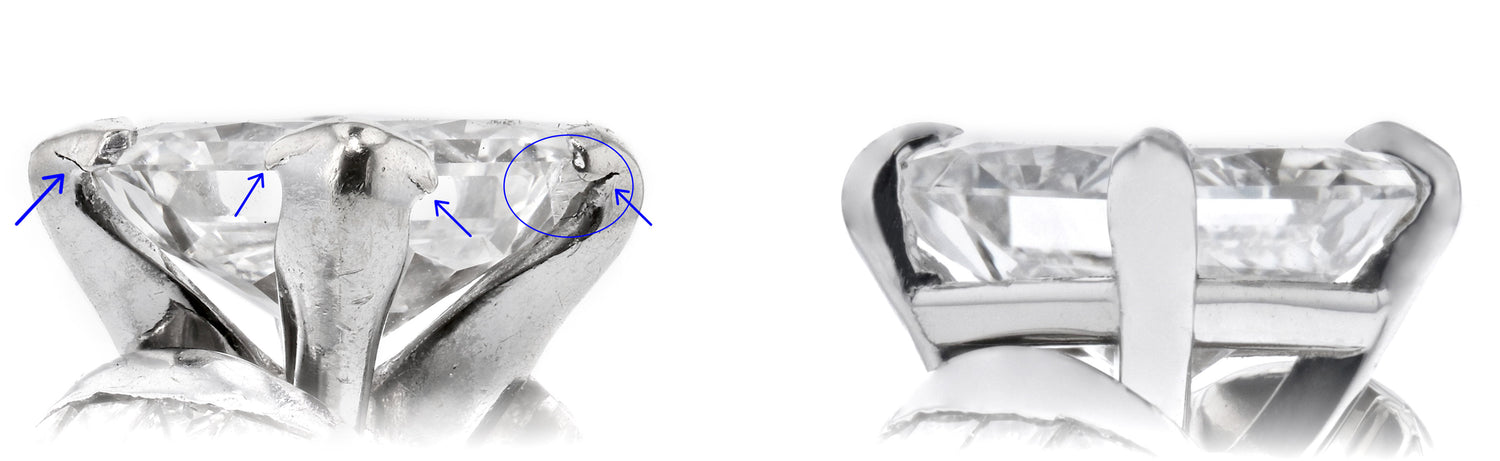 Diamond setting shone worn prongs vs new prongs holding the center diamond securely