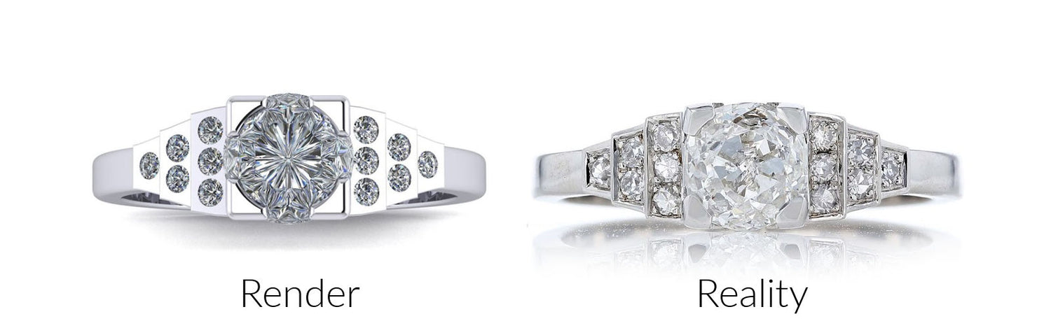 Render of an antique engagement ring, shown next to the ring in real life with the diamonds pave set.