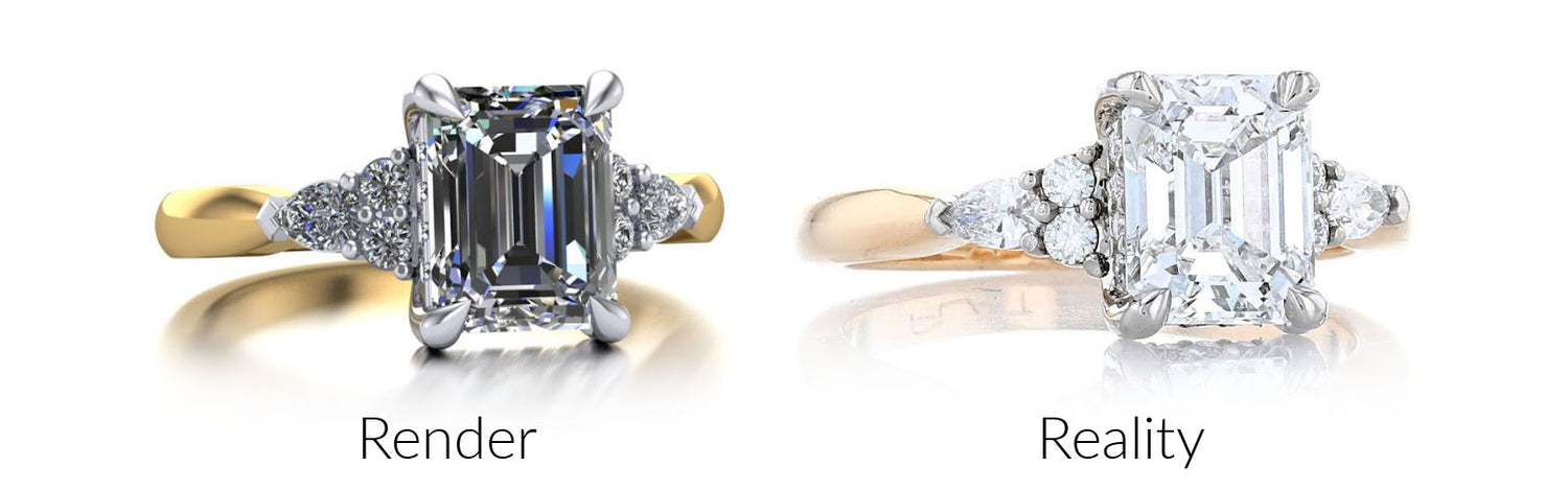 Render of an emerald cut yellow gold cluster engagement ring, shown next to the ring in real life.