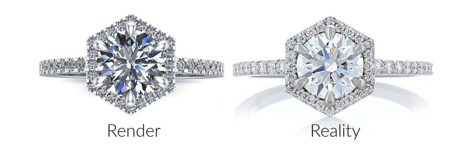 Render of a hexagon halo diamond engagement ring, shown next to the ring in real life.