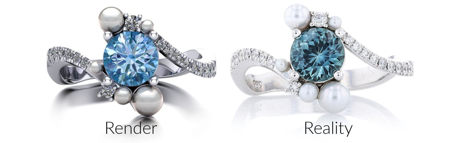 Render of a Montana sapphire and pearl bypass engagement ring, shown next to the ring in real life with a more delicate, smooth look.