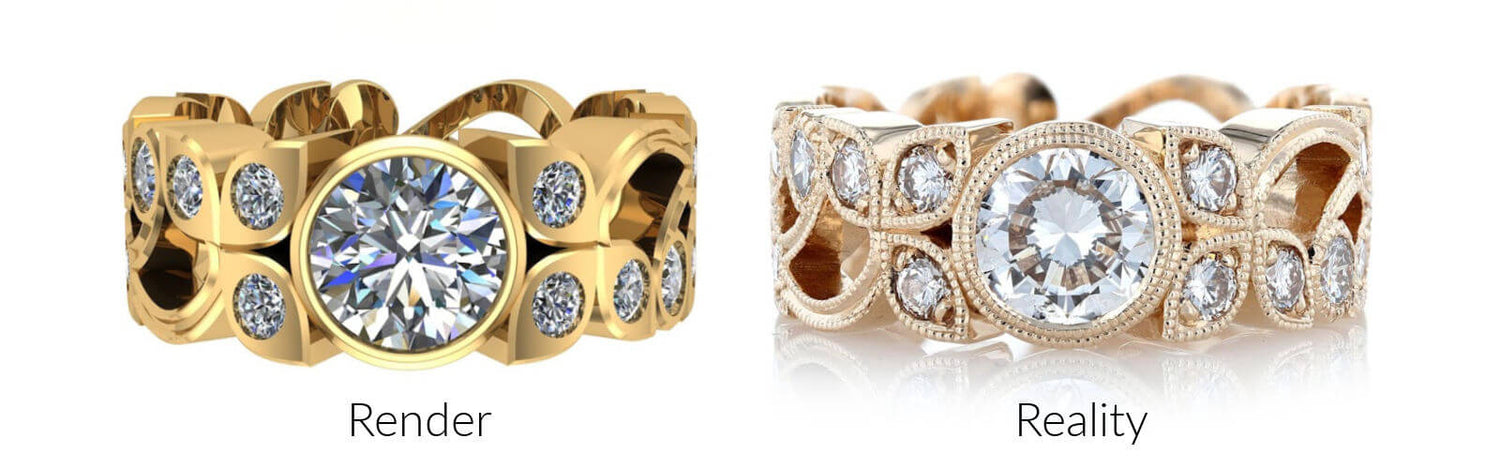 Render of a yellow gold diamond floral engagement ring, shown next to the ring in real life with milgrain and diamonds pave set.