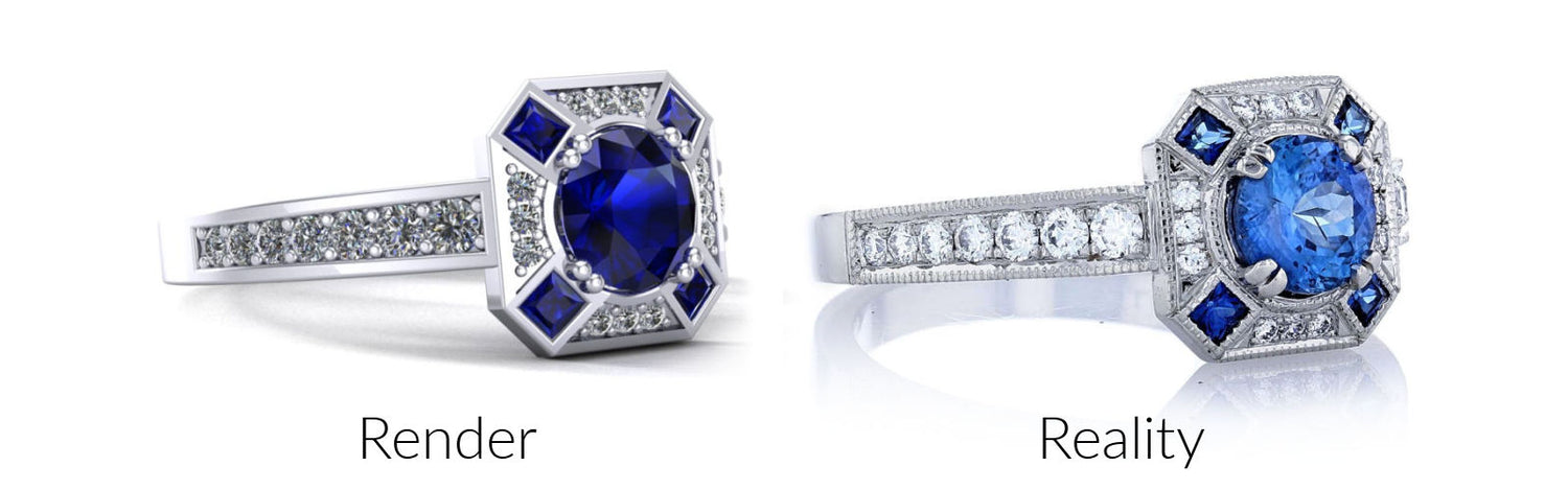 Render of a sapphire, art deco, halo engagement ring, shown next to the ring in real life with milgrain and prongs folded over the stones.