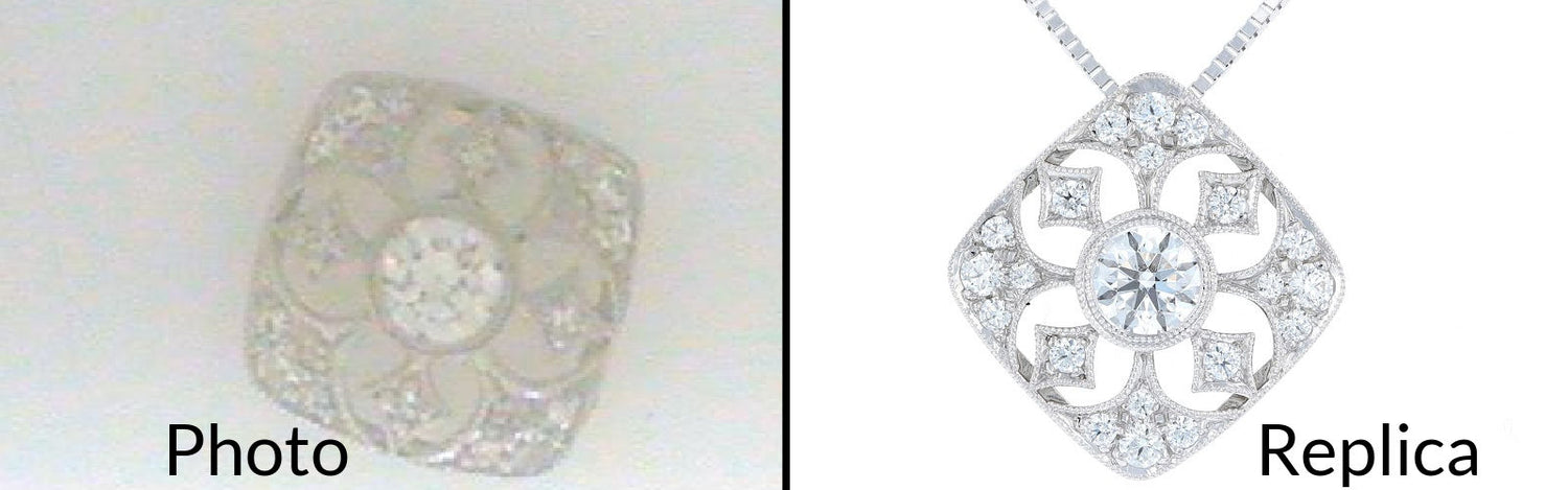 Reference photo and final product of a custom made replica vintage pendant