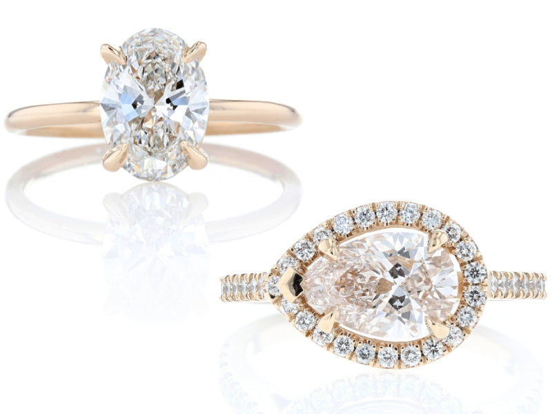 A solitaire with one stone, and an east west pear halo ring with many diamonds, which would be more to size