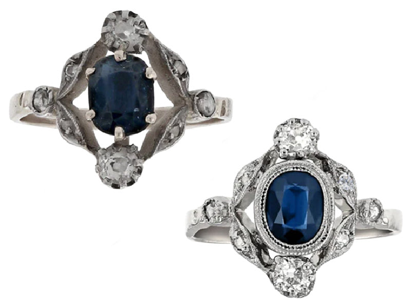 Antique sapphire ring that was extremely worn with the sapphire scratched, with the after as the sapphire polished and ring rebuilt