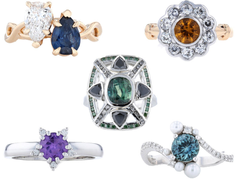 5 engagement rings, showcasing different colors of sapphires: blue, green, teal, orange, and purple