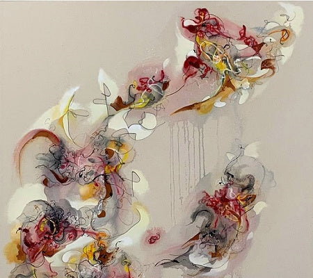 Abstract artwork with colorful floral and butterfly designs on a light background by Julia Pinkham