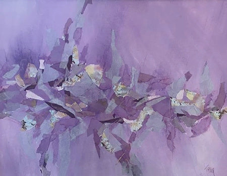 Abstract painting with purple and green hues on a purple background by Tasia Erickson