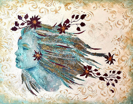 Artistic depiction of a face with flowing hair and floral elements on an ornate background by Tasia Erickson