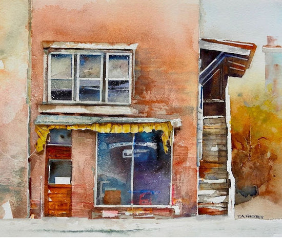 Painting of a building facade with a window and awning. Old Barbershop by Thomas Hoerber