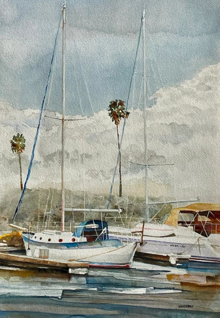 Harbor scene with boats and palm trees under a cloudy sky. Storm Coming by Thomas Hoerber