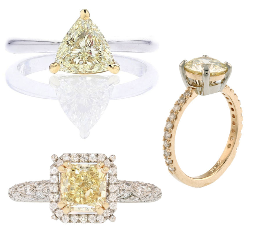 Yellow Trillion diamond in a yellow gold crown with a platinum shank; Yellow radiant diamond with yellow prongs and a white gold halo and shank; Round yellow diamond with white prongs and a yellow bearing
