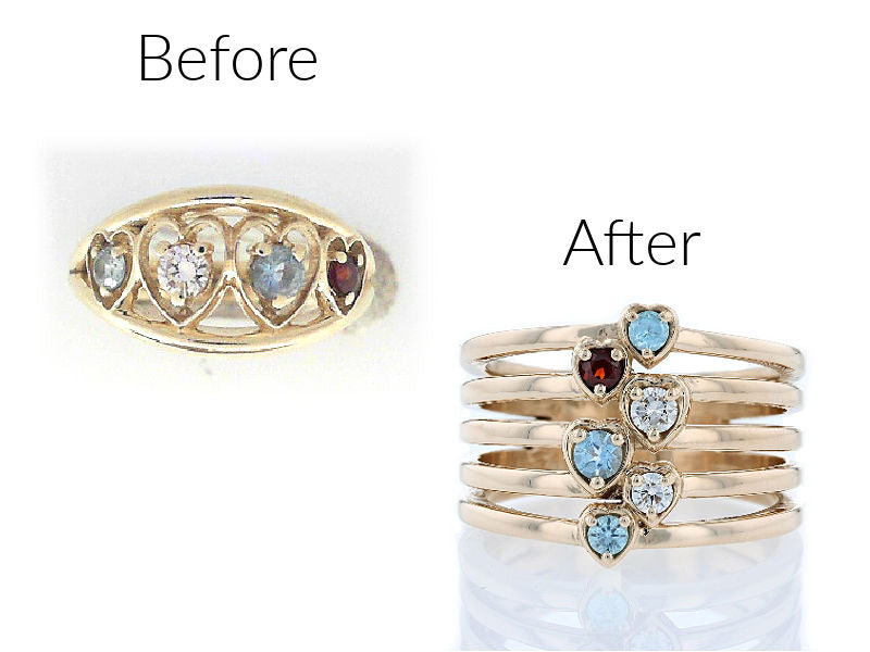 Before and after comparison  reusing the stones of a gold ring with gemstones