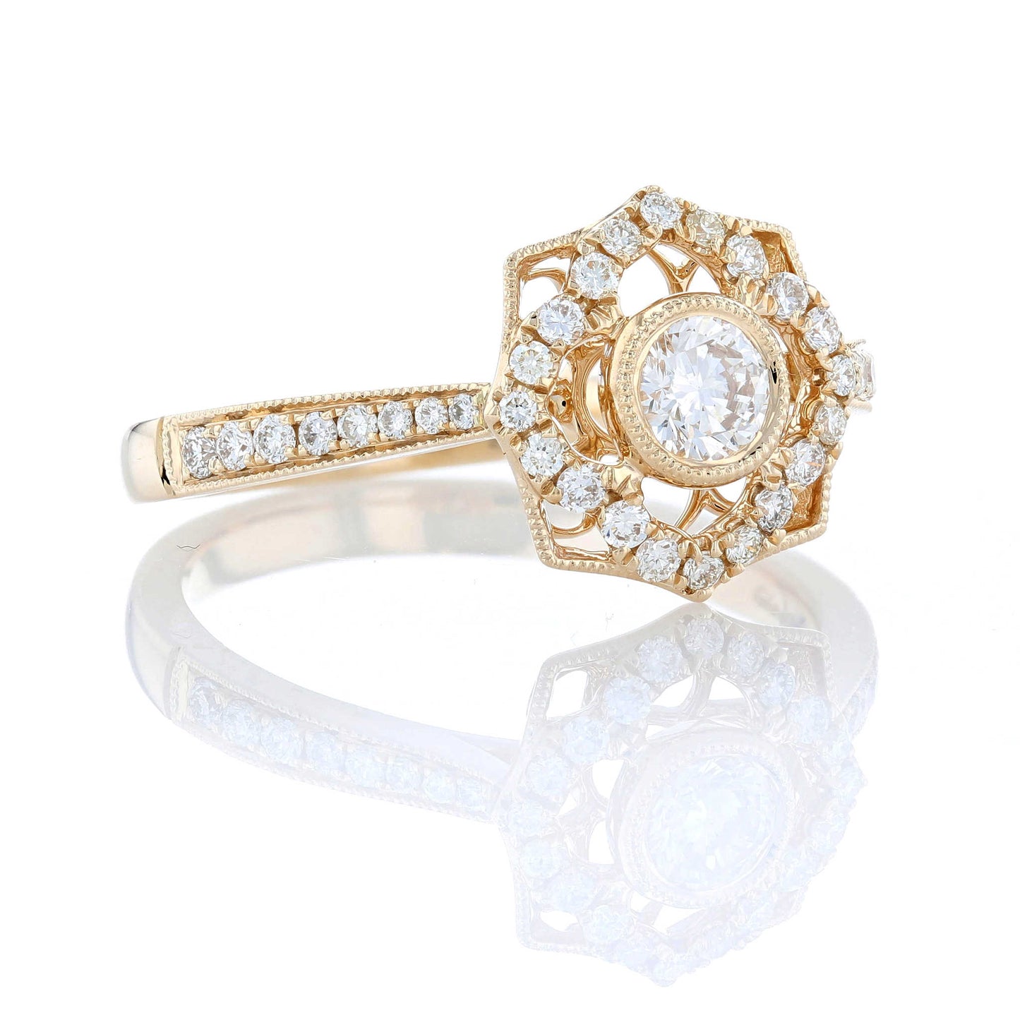Floral Milgrain Diamond Halo Engagement Ring