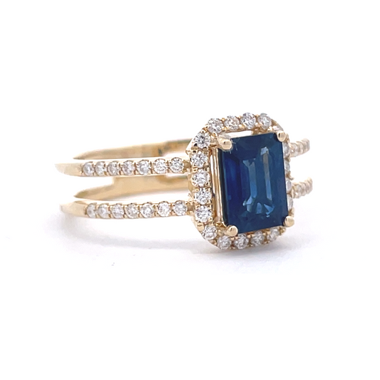 Emerald Cut Sapphire & Diamond Halo Ring