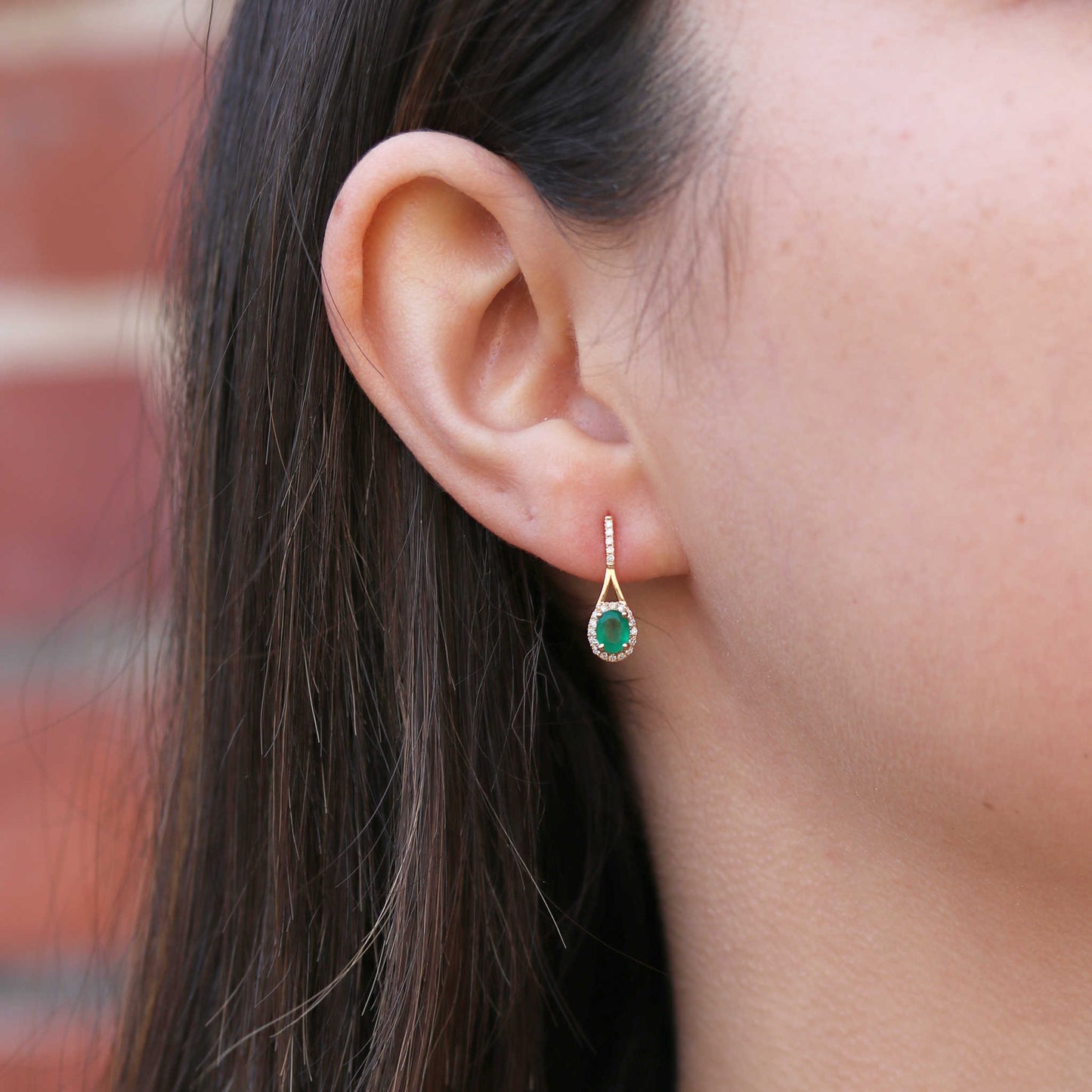 Oval Emerald Diamond Halo Dangle Earrings
