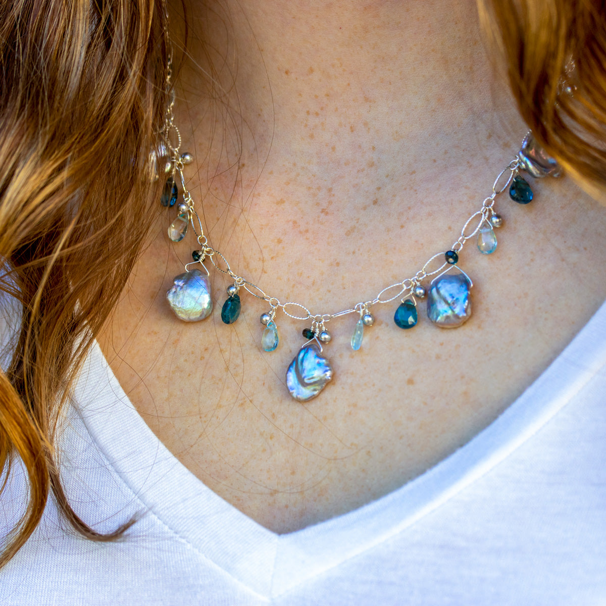 Keshi Pearl & Briolette Blue Topaz Necklace