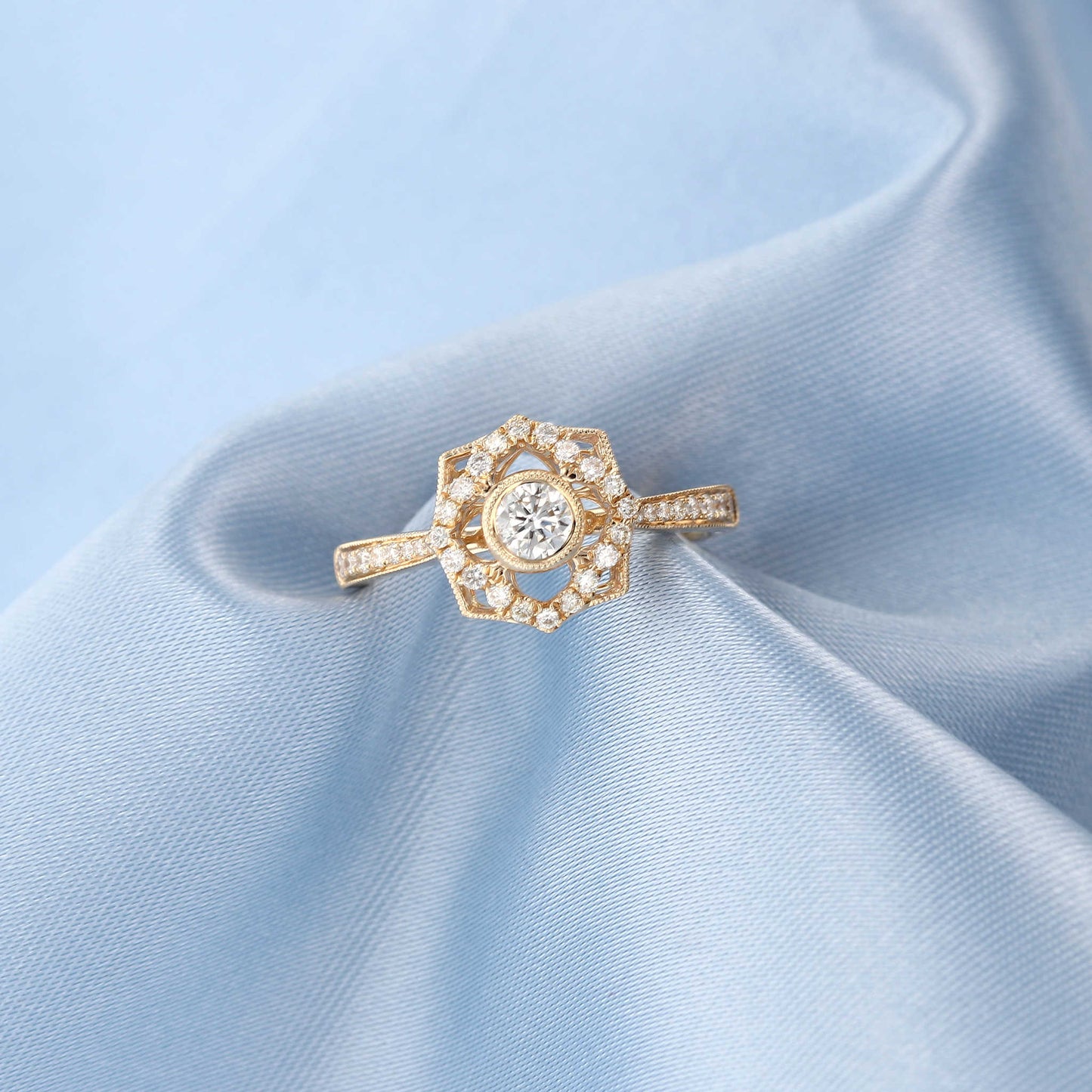 Floral Milgrain Diamond Halo Engagement Ring