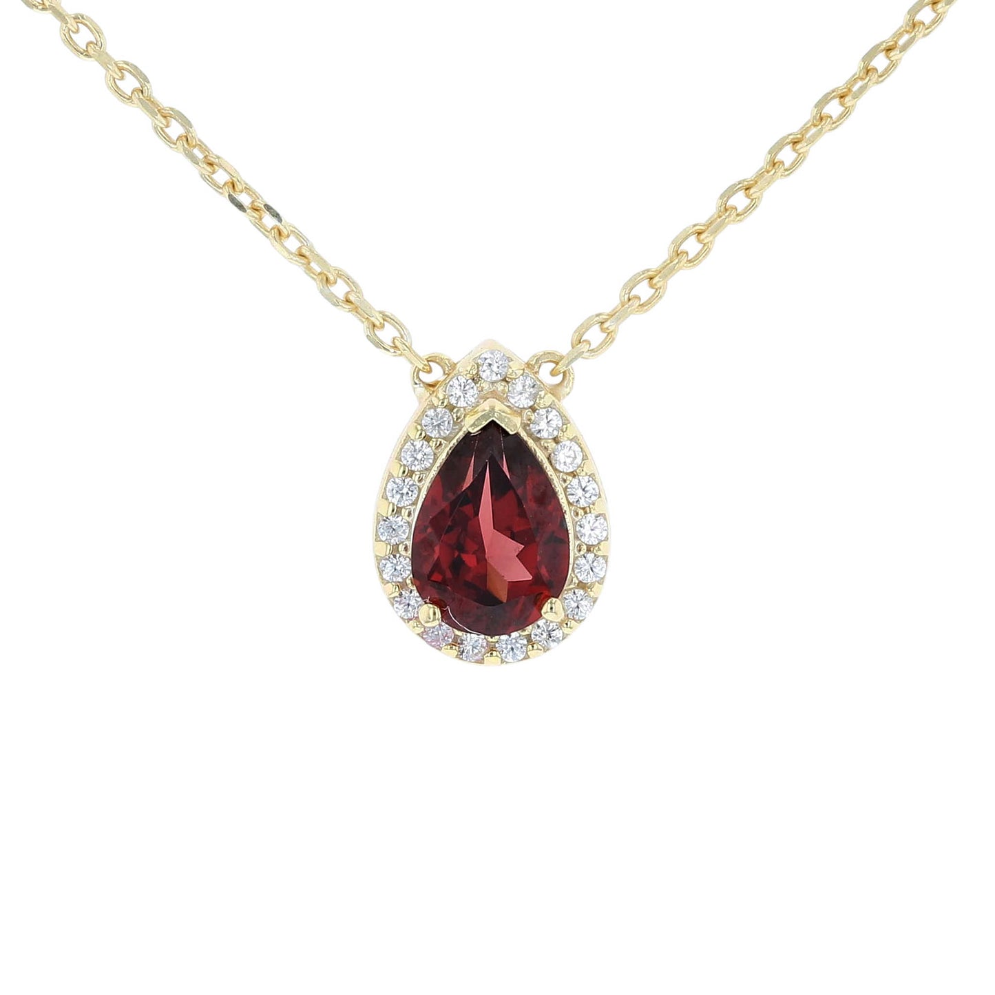Gold Plated Silver Garnet Pear Halo Necklace