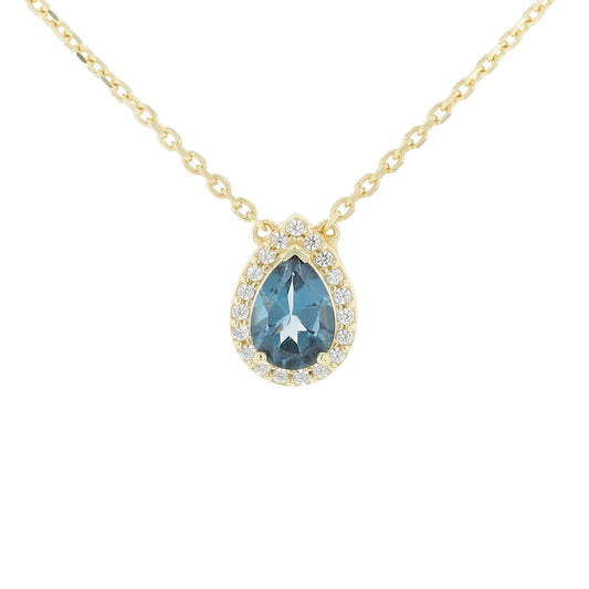 Gold Plated Silver London Blue Topaz Pear Halo Necklace
