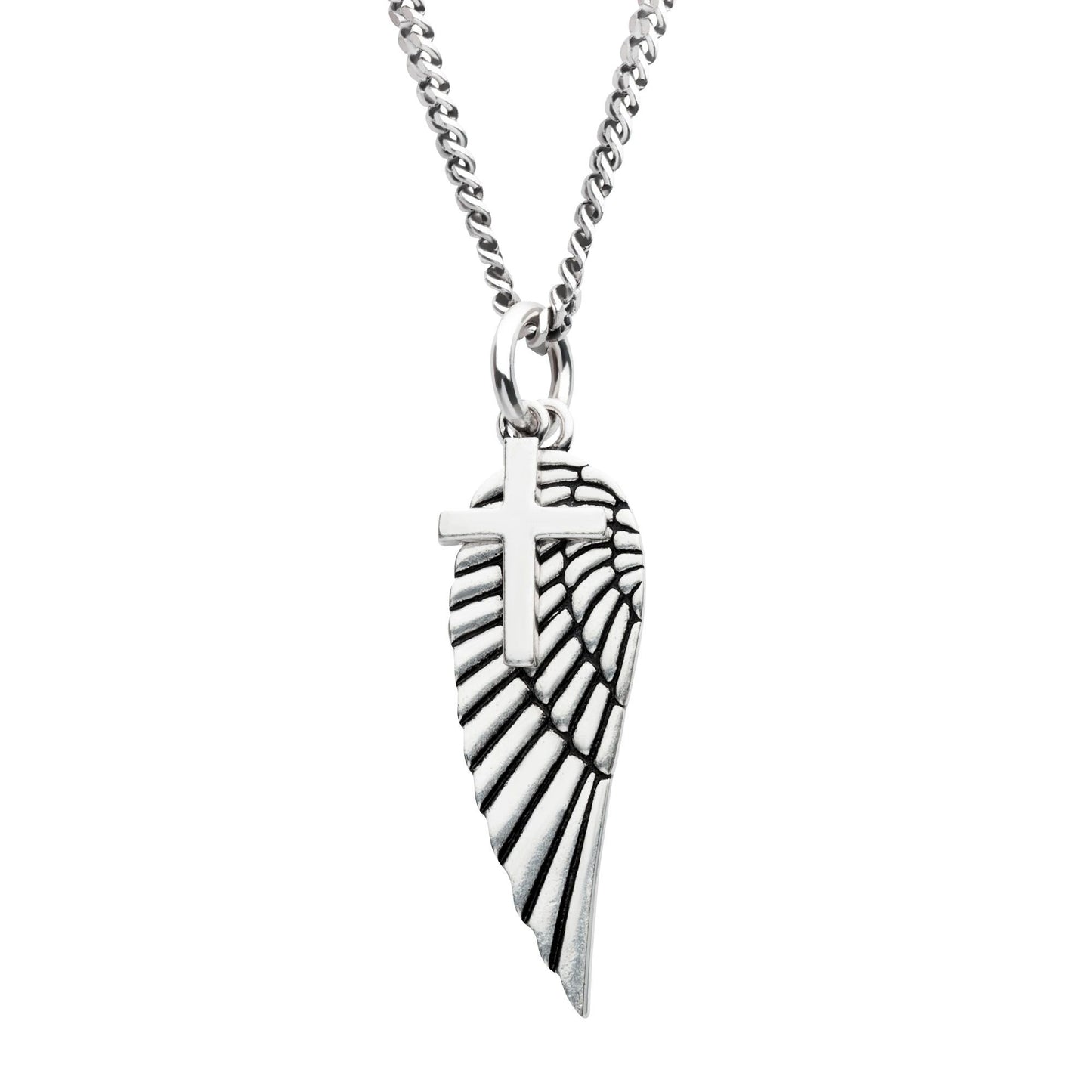 Silver Oxidized Cross & Angel Wing Necklace