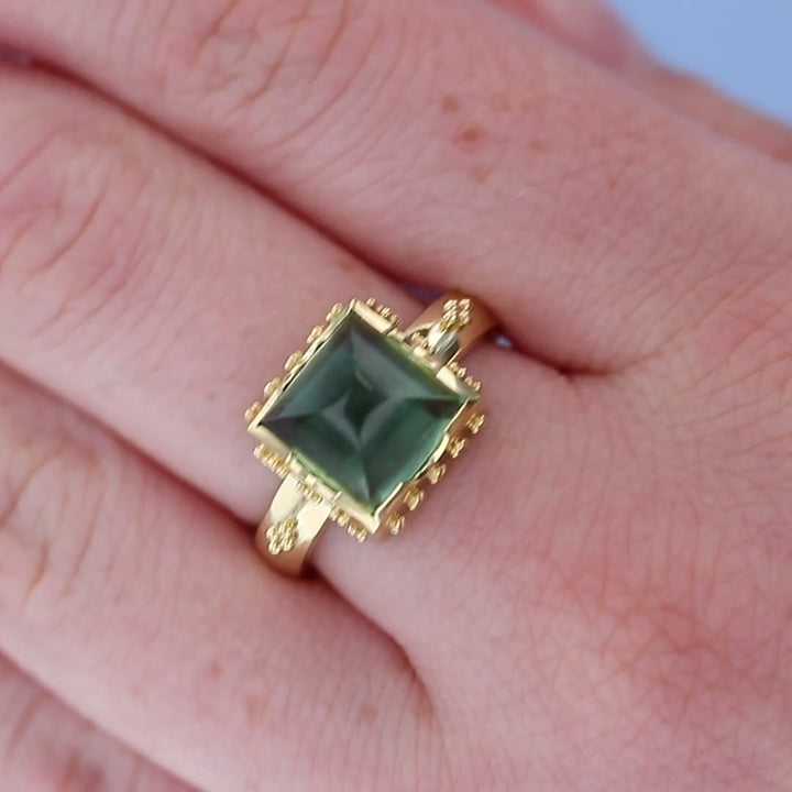 Granualated Green Tourmaline Ring by George Fox on a Finger