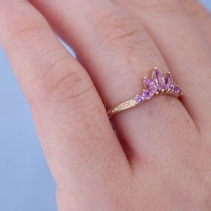 Pink Sapphire Engraved Contour Wedding Band on a Finger