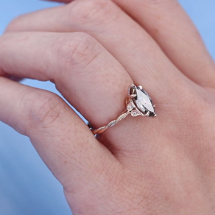 Twist Marquise Salt & Pepper Diamond Engagement Ring on a Finger