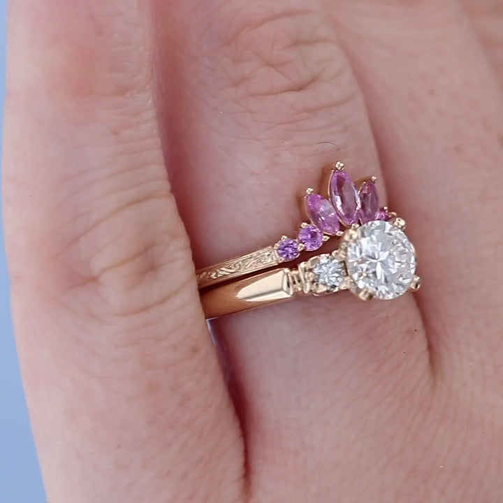 Pink Sapphire Engraved Contour Wedding Band