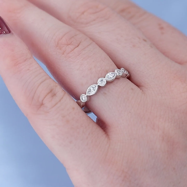 Vintage Scalloped Marquise Diamond Wedding Band on a Finger