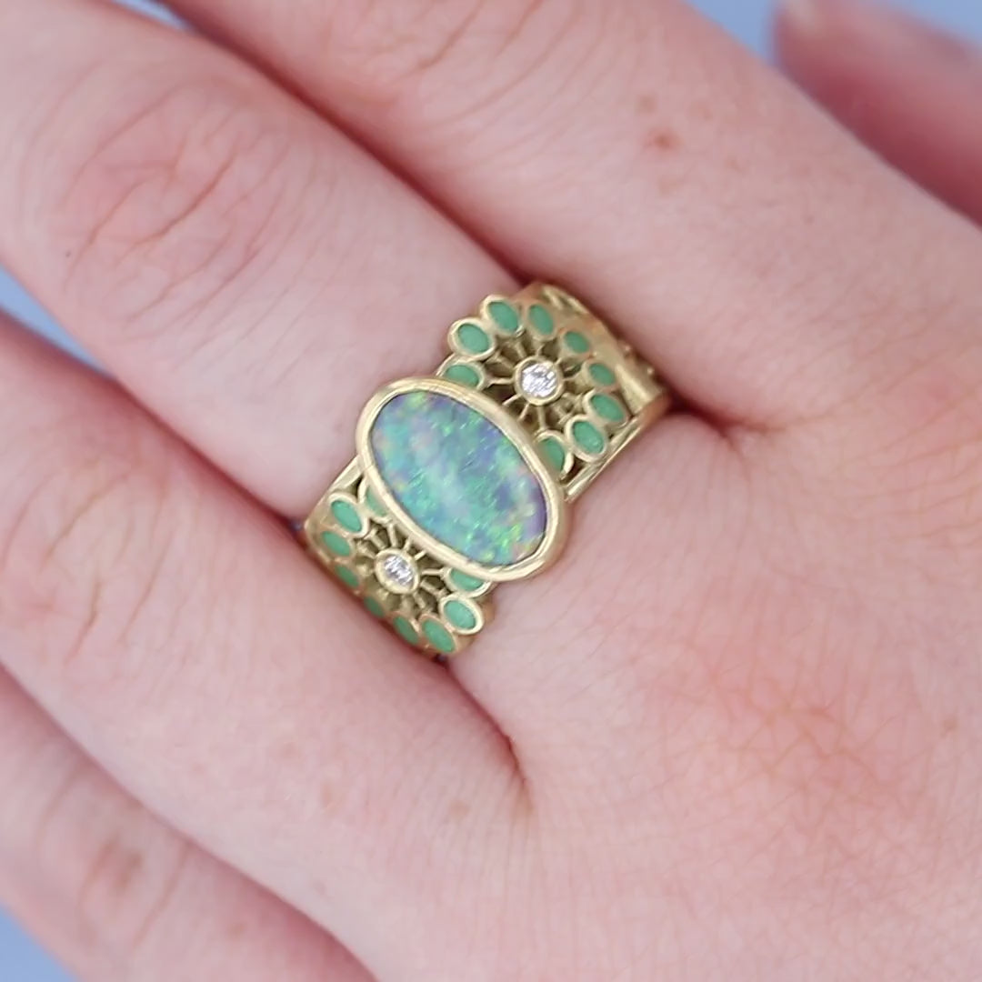 Yellow Gold Oval White Opal & Green Enamel Flower Ring