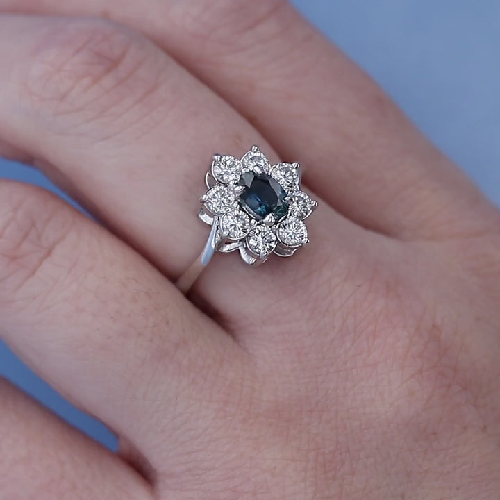 Sapphire & Diamond Halo Bypass Replica Ring on a Finger