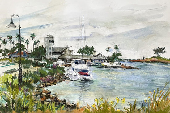 Artistic depiction of a coastal scene with boats and a lighthouse. Visitors Center from Portside by Lisa Sachs
