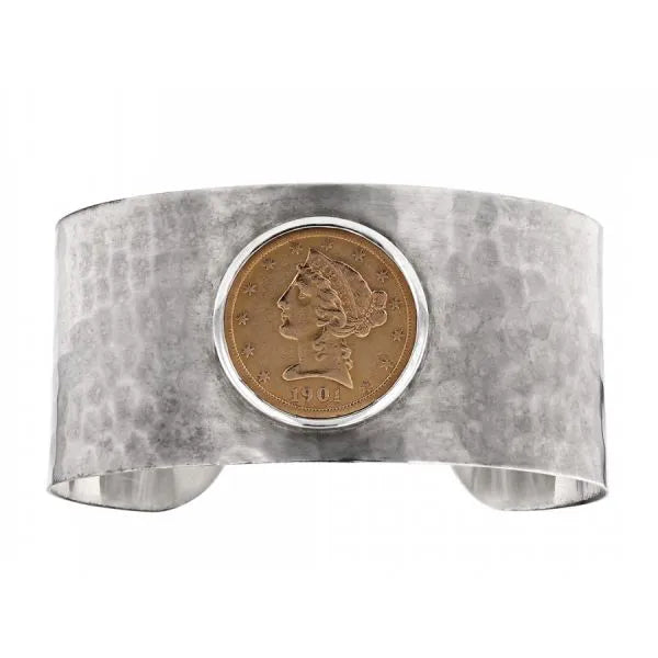 Antique Coin Set in Sterling Silver Hammered Cuff Bracelet