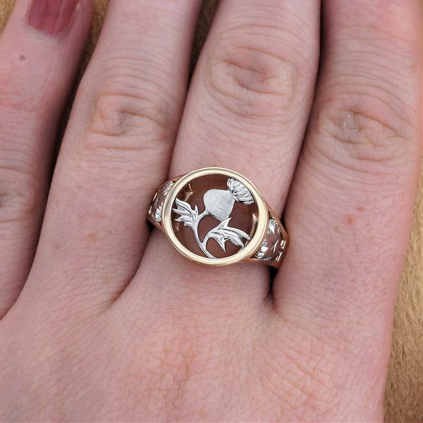 Thistle and Maple Leaf Signet Ring with Celtic Trinity Knot
