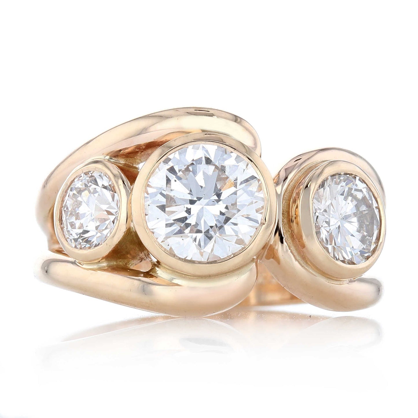 Organic Three Stone Bezel Set Diamond Engagement Ring Front View