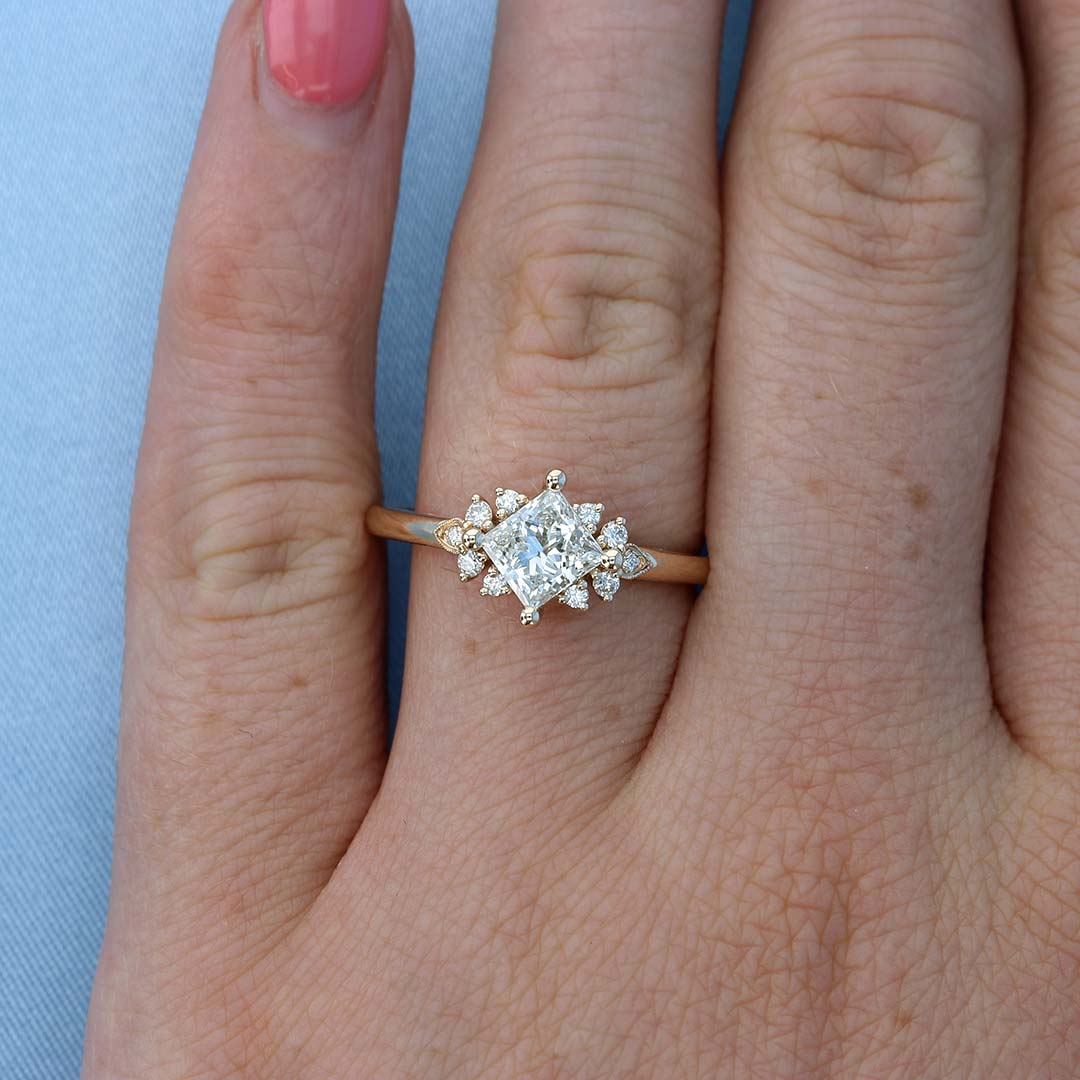 Cluster Princess Diamond Engagement Ring on a Finger