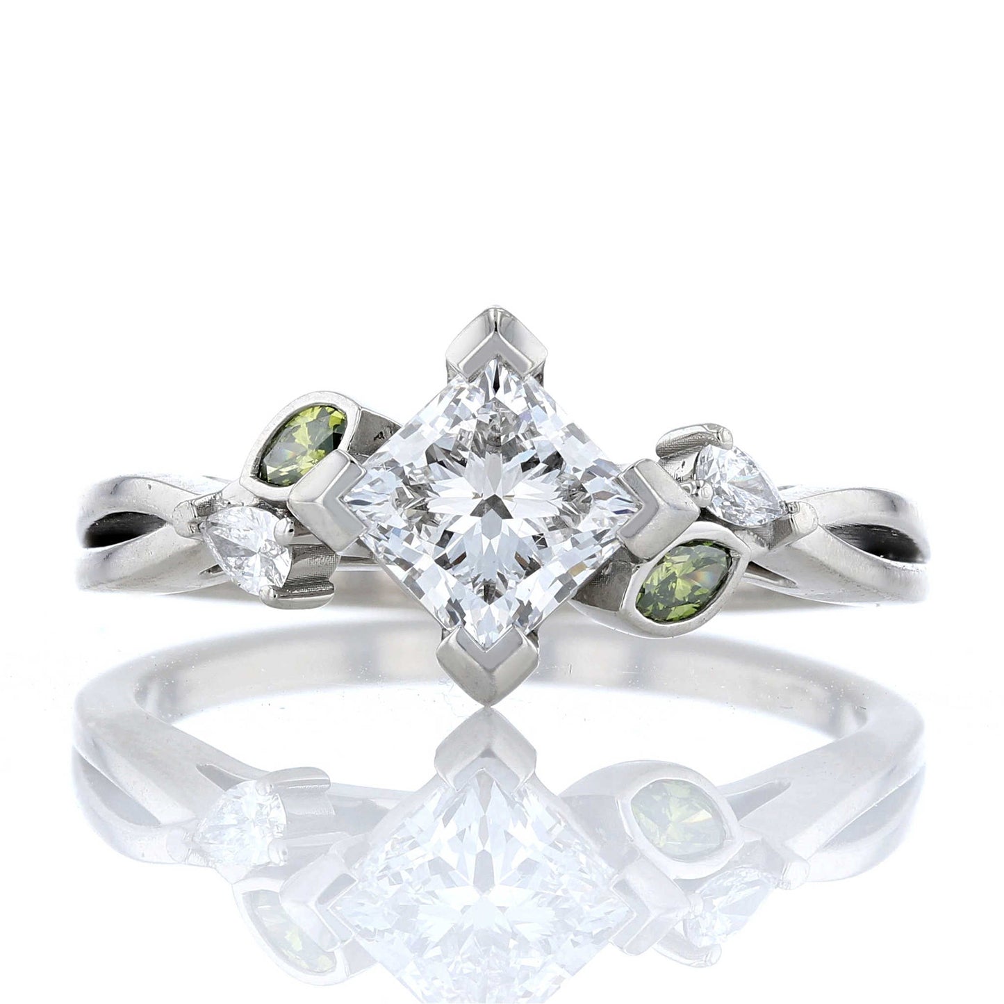 Green Diamond & Princess Cut Diamond Engagement Ring Front View
