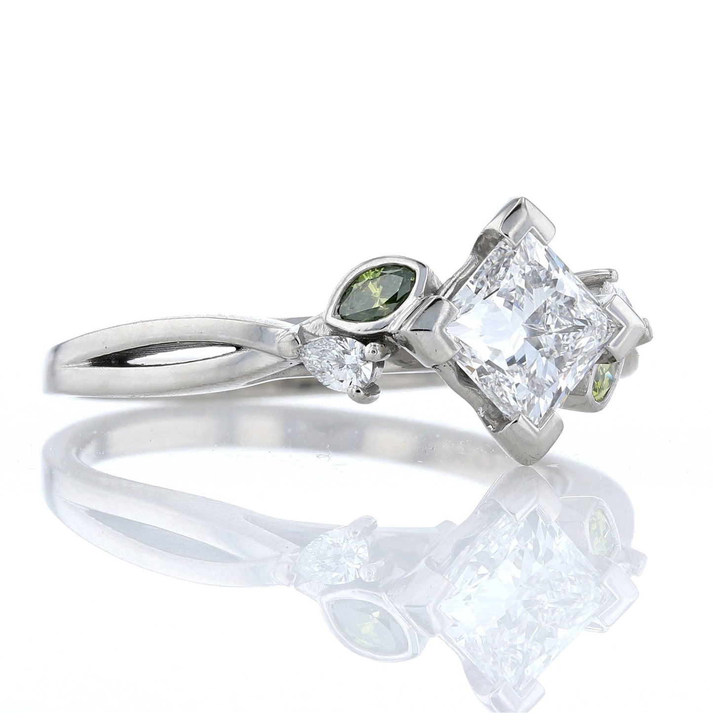 Green Diamond & Princess Cut Diamond Engagement Ring Side View