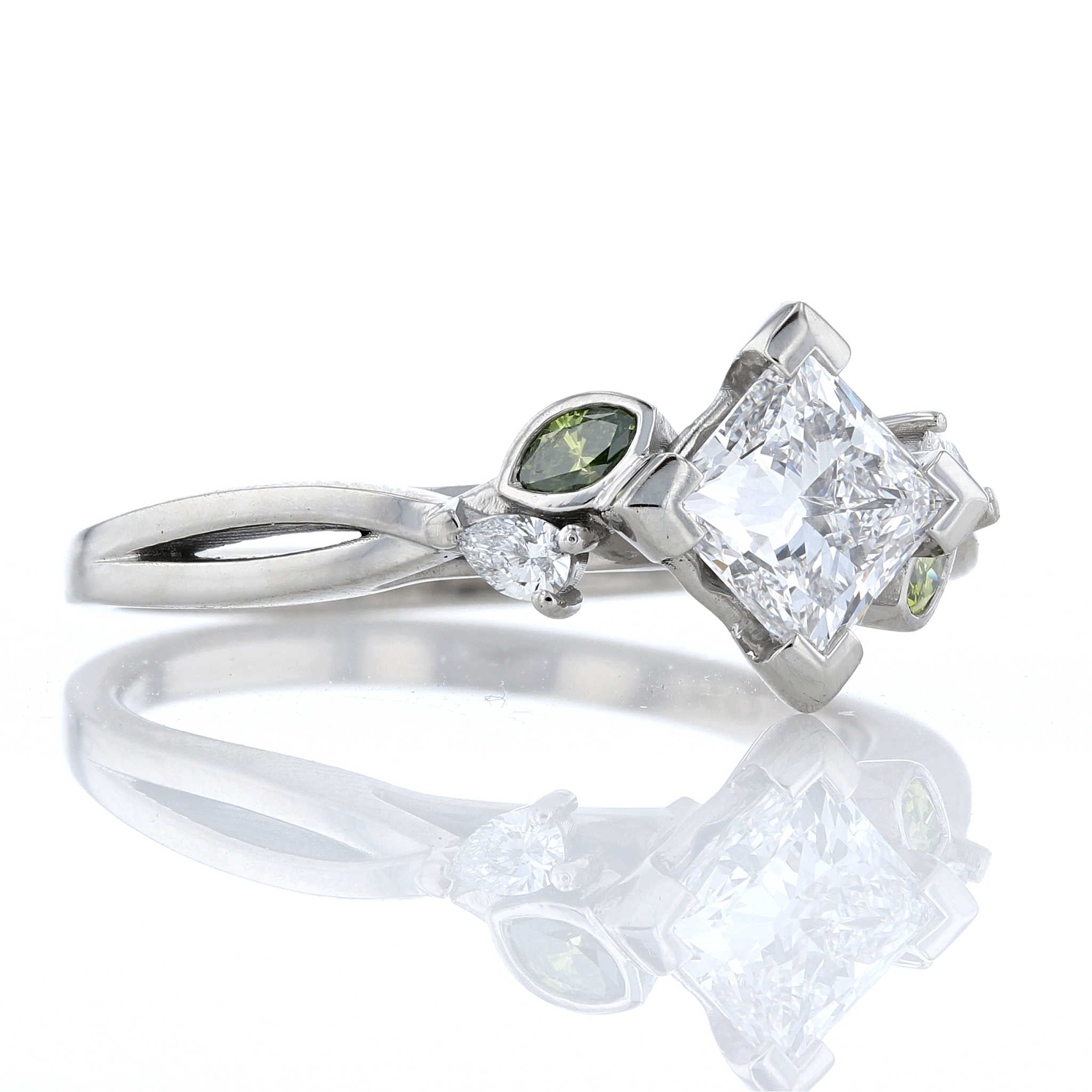 Green Diamond & Princess Cut Diamond Engagement Ring