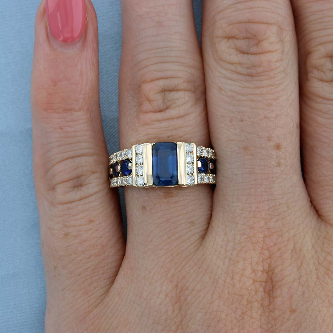 3 Row Sapphire & Diamond Ring on a Finger